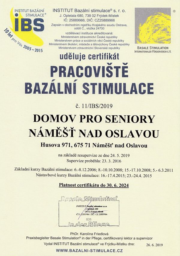Certifikát pracoviště bazální stimulace